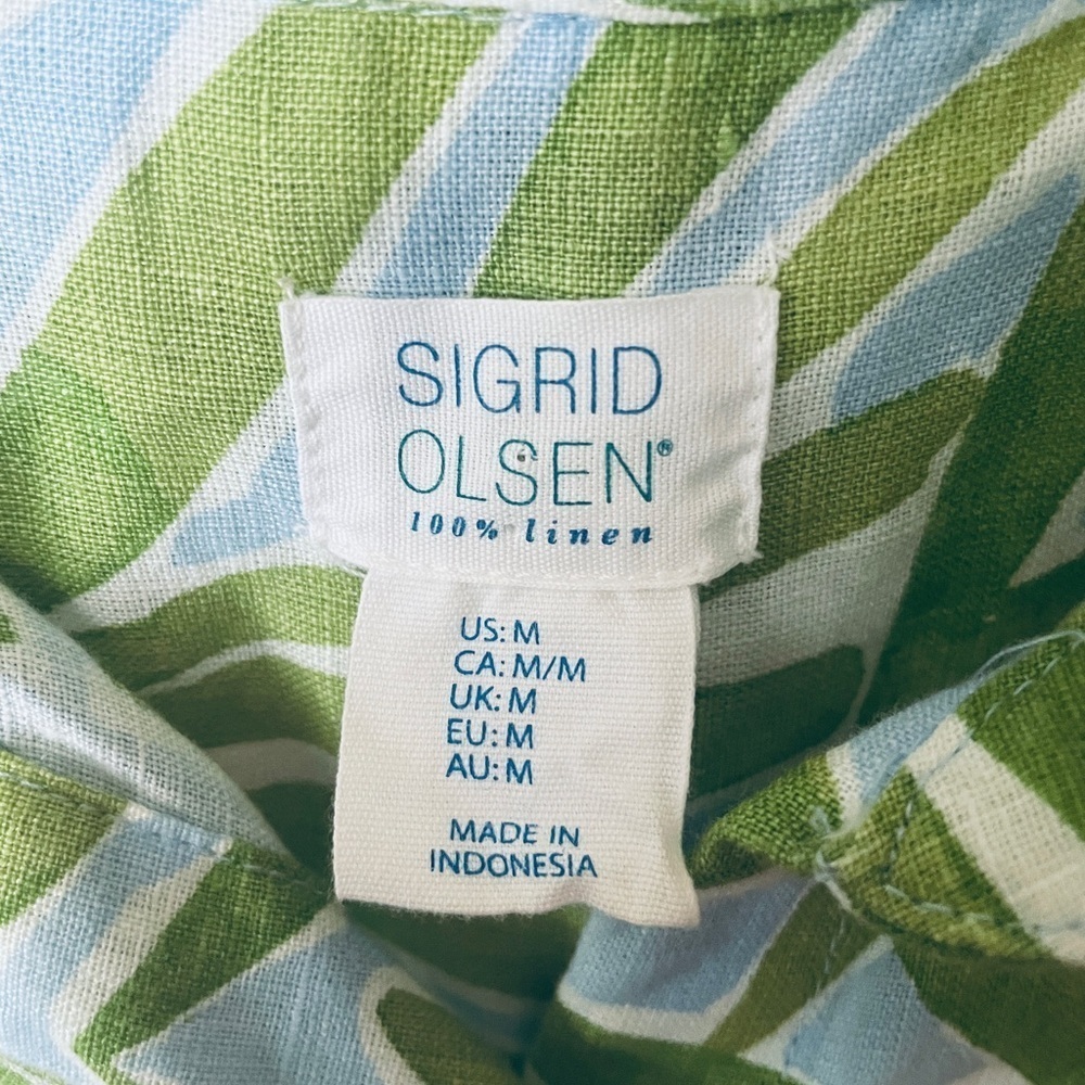 Sigrid Olsen 100% linen button shirt dress pockets short sleeve MED green blue - Picture 4 of 10